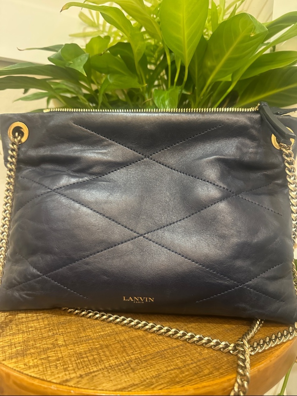Lanvin Navy Quilted Sugar Bag with Gold Chain